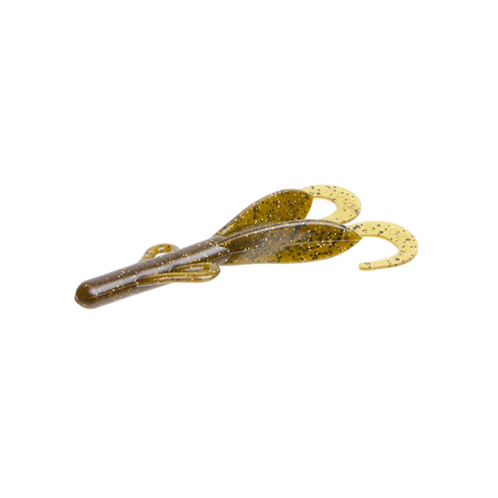 The Zoom Brush Hogs by Zoom are soft plastic creature baits in brown and yellow with black speckles, featuring two large curly tails and side appendages—ideal for catching big bass.