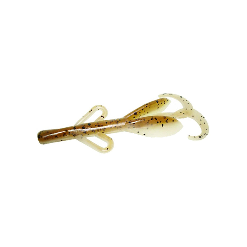 The Zoom Brush Hogs by Zoom are soft plastic creature baits in brown and white with black speckles, featuring multiple appendages and curled tails—perfect for catching big bass. Shown against a white background.