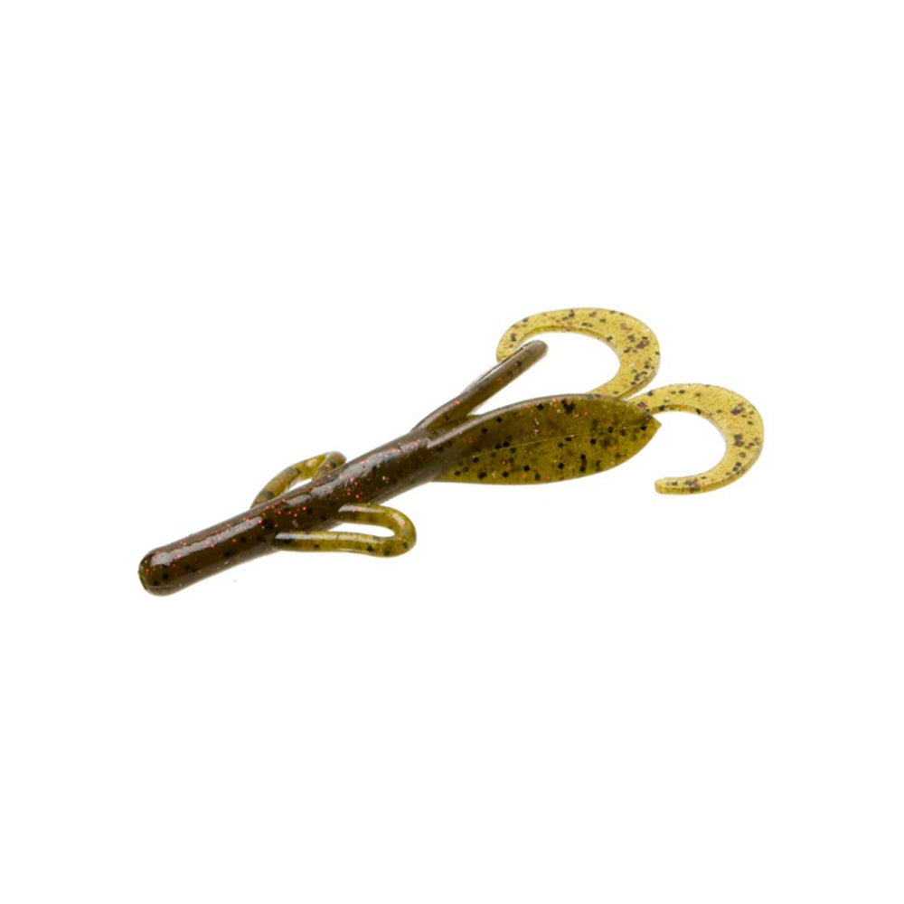 The Zoom Brush Hogs by Zoom are brown and yellow soft plastic creature baits with two curly tails and multiple appendages, designed to mimic small prey and attract big bass—ideal for anglers targeting trophy fish.