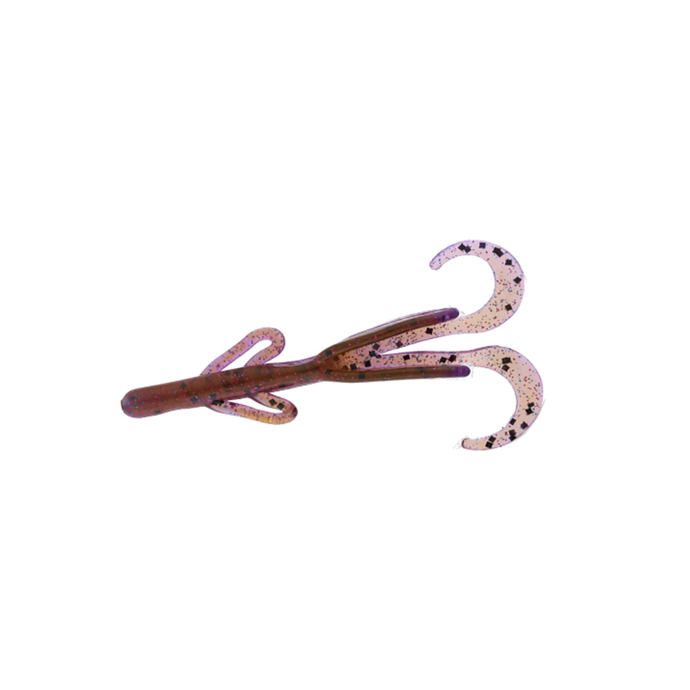 The Zoom Brush Hogs by Zoom is a soft plastic creature bait with two curled tails, multiple thin appendages, and a mostly purple body with glittery flecks—perfect for attracting big bass.