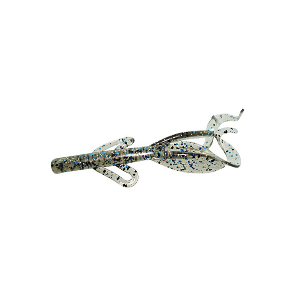 The Zoom Brush Hogs by Zoom are clear soft plastic creature baits with blue and black glitter, shaped like crawfish with multiple appendages—perfect for attracting big bass. Displayed on a white background.