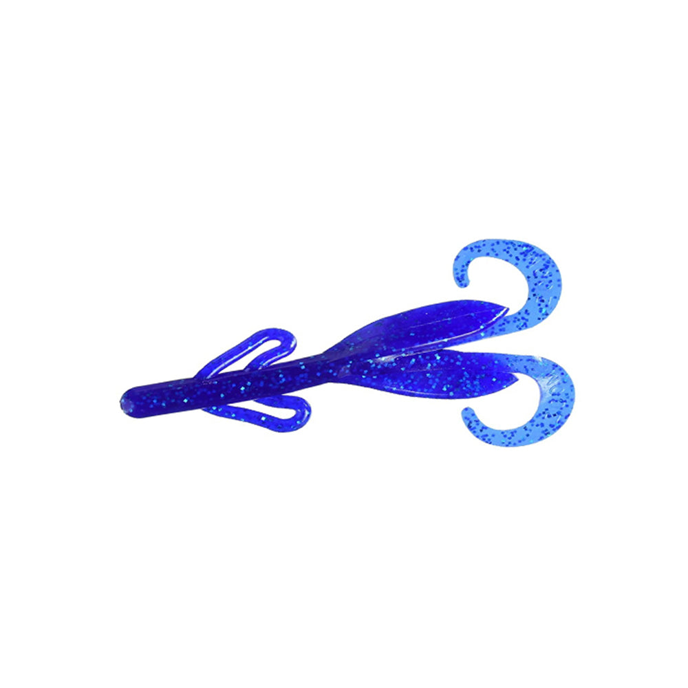 The Zoom Brush Hogs by Zoom are soft plastic creature baits in blue with two curly tails and glitter, designed to mimic small prey—ideal for catching big bass.
