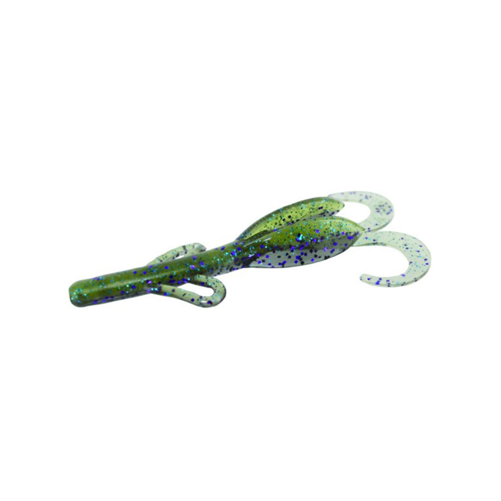 The Zoom Brush Hogs by Zoom is a green soft plastic creature bait with blue and black glitter, two curly tails, and multiple appendages, designed to entice big bass.