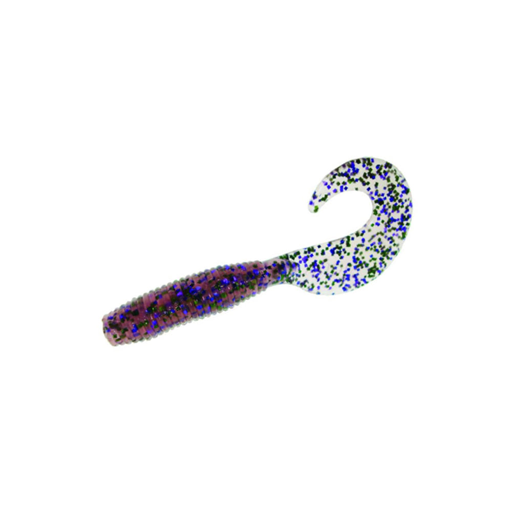 The Zoom Fat Albert Grubs by Zoom feature a ribbed, chunky profile and curly tail in a purple/clear color with blue and black glitter flecks, delivering enticing action to attract bass. Shown isolated on a white background.