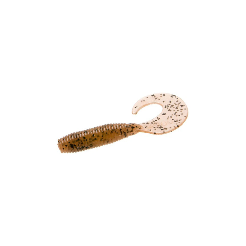 The Zoom Fat Albert Grubs by Zoom are soft plastic lures with a chunky, ribbed brown body, curly tail, and black speckles—ideal for attracting bass. Shown against a white background.