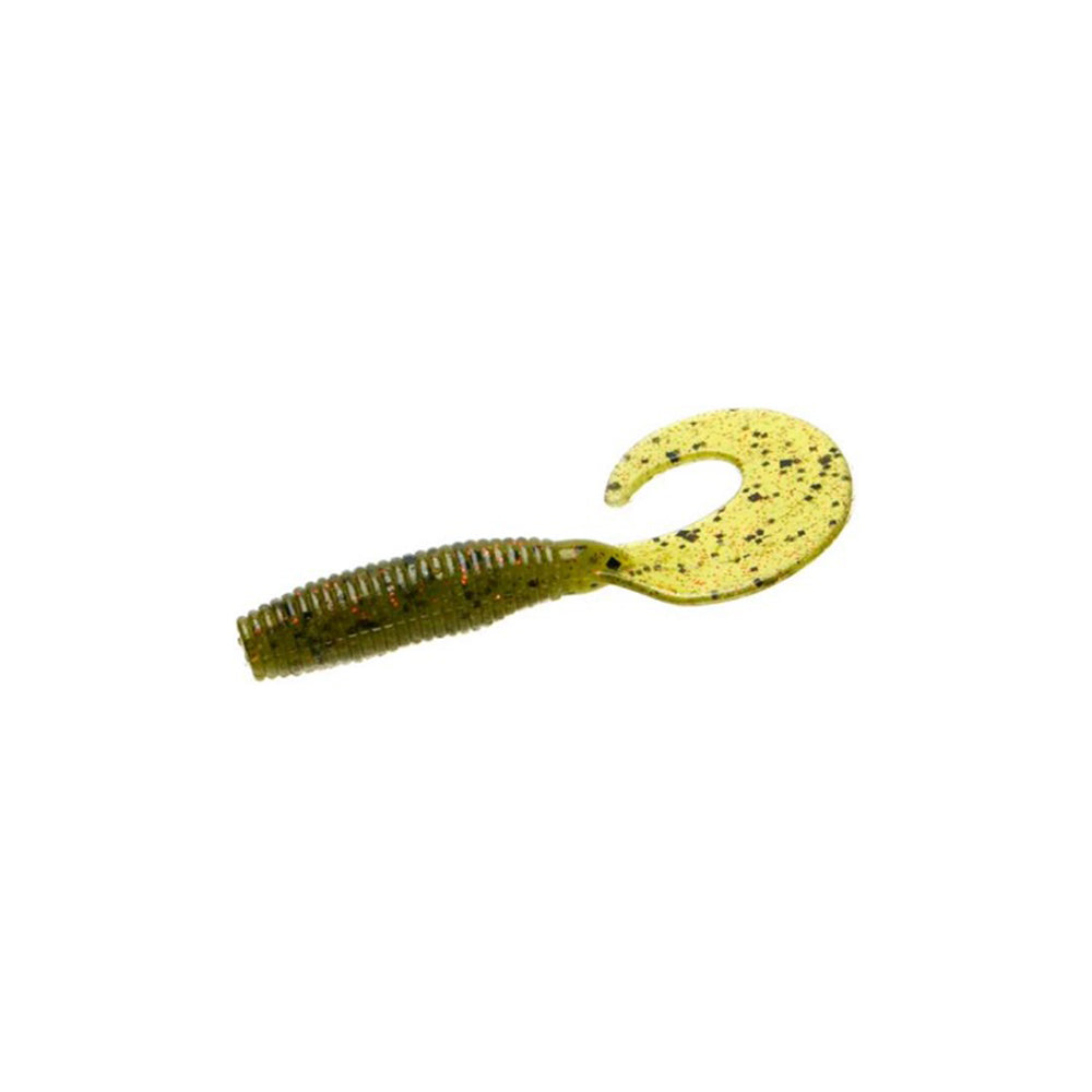 The Zoom Fat Albert Grubs by Zoom is a soft plastic fishing lure featuring a chunky, ribbed body and curled tail, in a yellow-green color with black and red speckles, displayed on a white background.