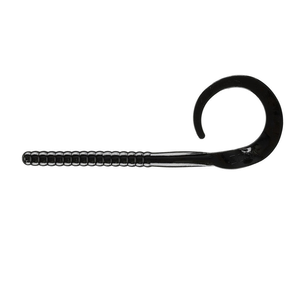 The Zoom Ol' Monster by Zoom is a black, soft plastic worm lure featuring a ribbed straight body and curled tail, ideal for catching big bass. Photographed on a white background.