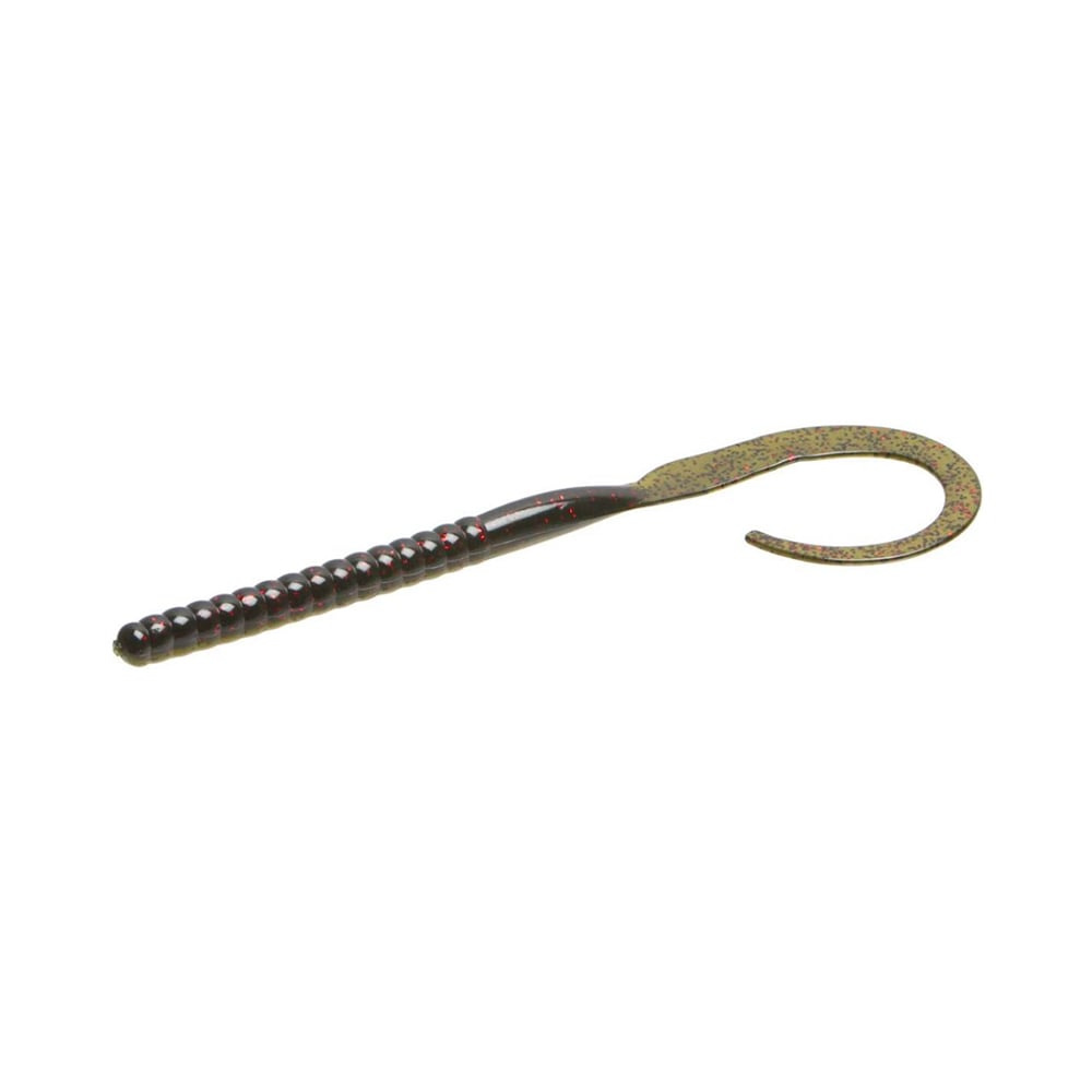 The Zoom Magnum Ol' Monster by Zoom is a soft plastic lure with a ribbed, dark body and a curled, speckled green and red tail—ideal for attracting big fish.