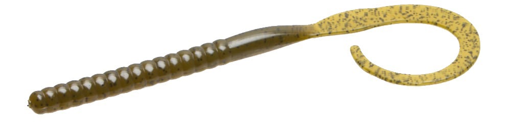 The Zoom Magnum Ol' Monster by Zoom is a soft plastic worm lure with a ribbed body and long, supple curved tail in brownish-green with black specks—ideal for attracting big fish.