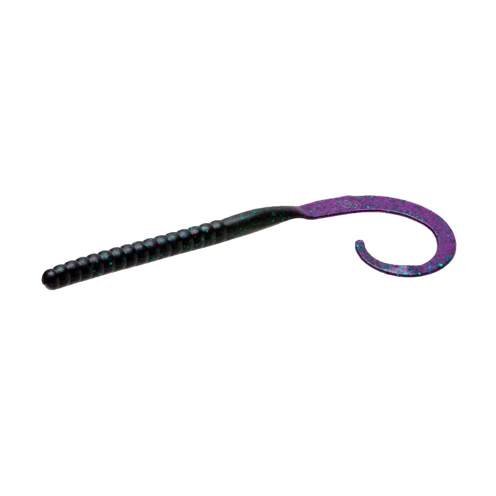 The Zoom Magnum Ol' Monster by Zoom features a ribbed black body and curled purple tail, offering soft, supple action that mimics a worm to attract big fish.