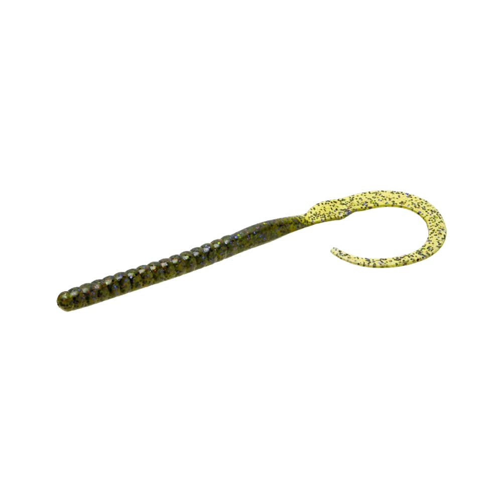 The Zoom Ol' Monster by Zoom features a ribbed, brownish-green body with a curled yellow tail speckled in black, making it ideal for anglers targeting big bass and perfect for gaining an edge in fishing tournaments.