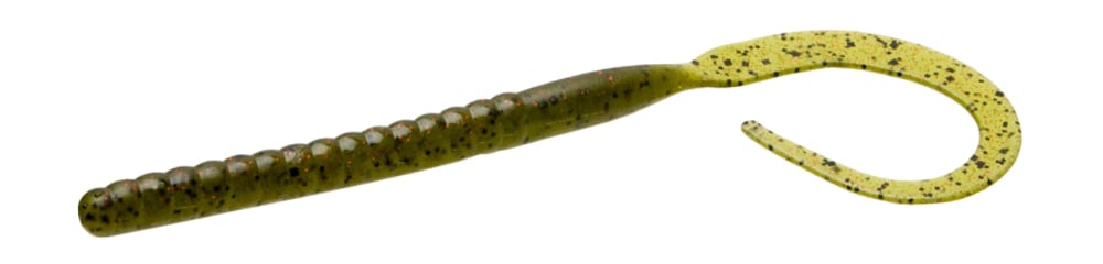 The Zoom Magnum Ol' Monster by Zoom is a soft plastic worm lure, greenish-brown with black flecks, featuring a ribbed body and supple long tail—ideal for attracting big fish.