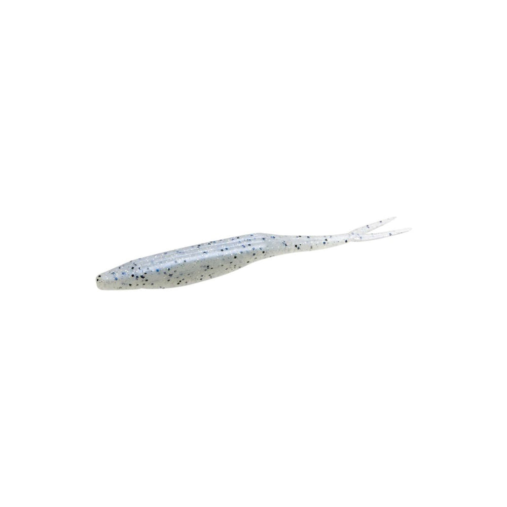 The Zoom Super Fluke by Zoom is a soft plastic fishing lure shaped like a slender baitfish, light gray with black speckles and a forked tail—ideal for bass fishing. Shown against a white background.