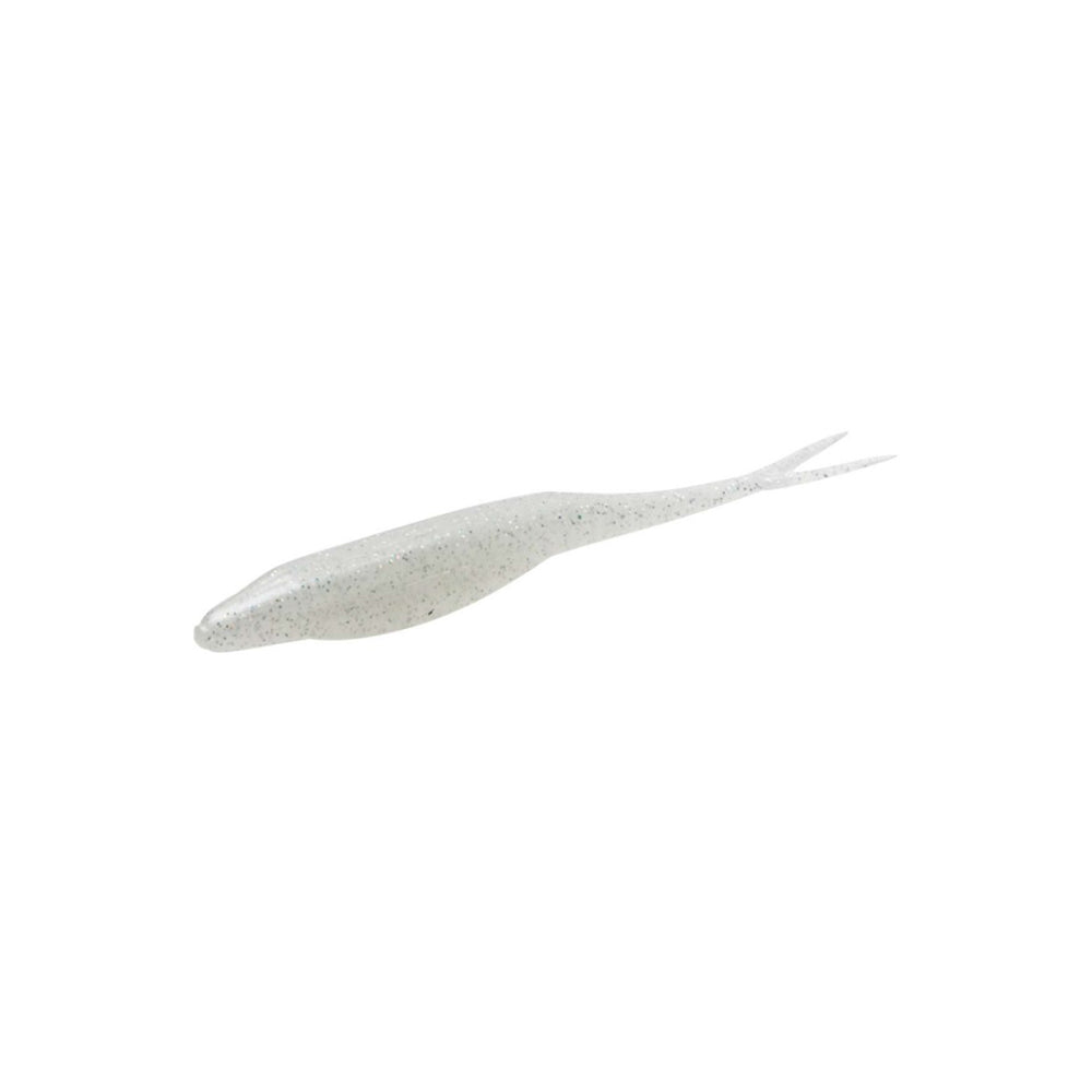 The Zoom Super Fluke by Zoom is a translucent, soft plastic bass fishing lure shaped like a small baitfish with a slender body and forked tail, shown on a white background.