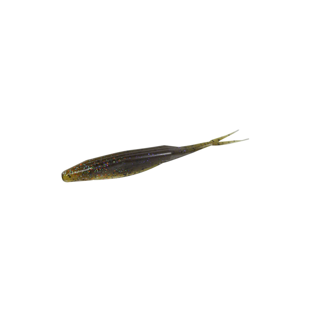 The Zoom Super Fluke by Zoom is a soft plastic bass fishing lure in brown with glitter accents, shaped like a small baitfish and featuring a forked tail, shown on a white background.