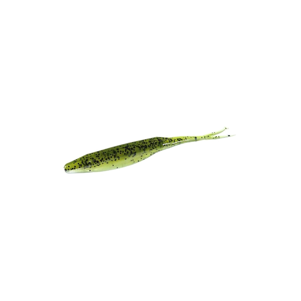 The Zoom Super Fluke by Zoom, a green and black speckled soft plastic bass lure shaped like a small fish with two thin tails and true baitfish size, is shown on a white background.
