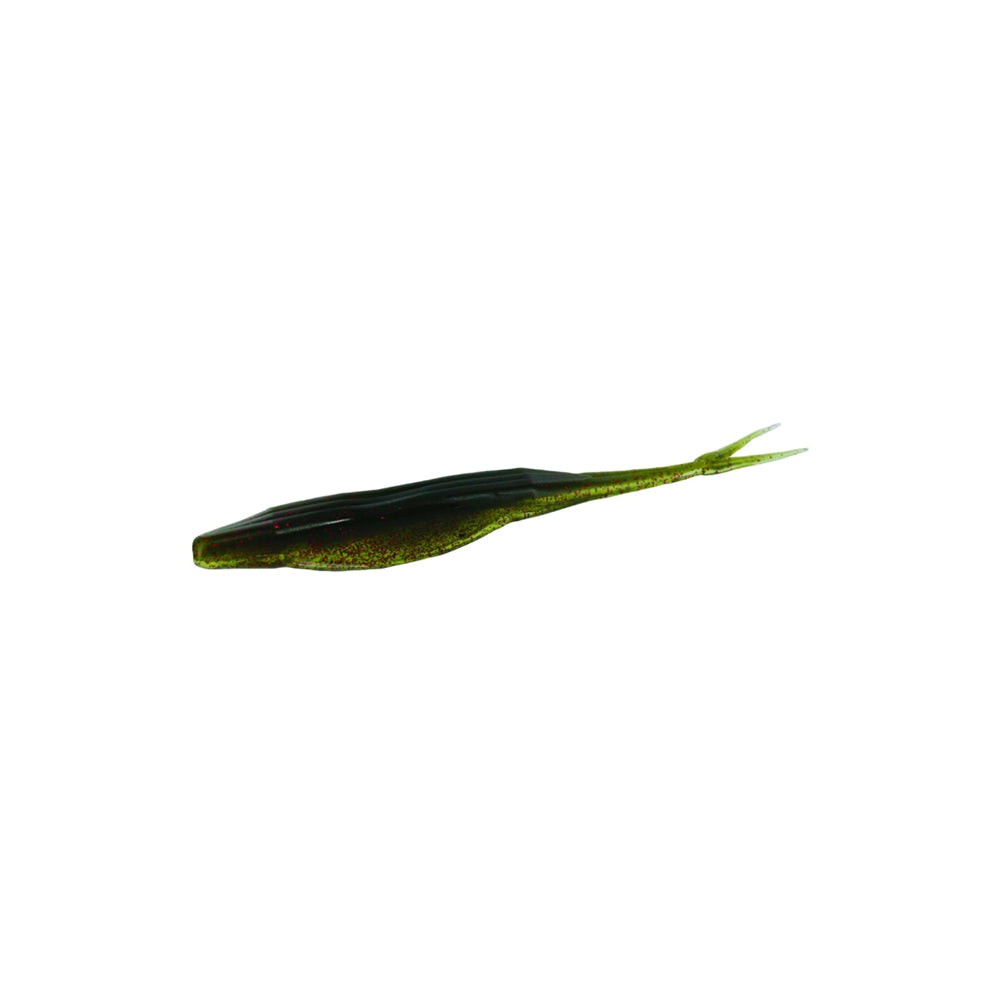 The Zoom Super Fluke by Zoom is a soft plastic bass fishing lure shaped like a small fish, featuring a dark top, glittery green sides, and a split tail in realistic baitfish size. It is pictured on a plain white background.