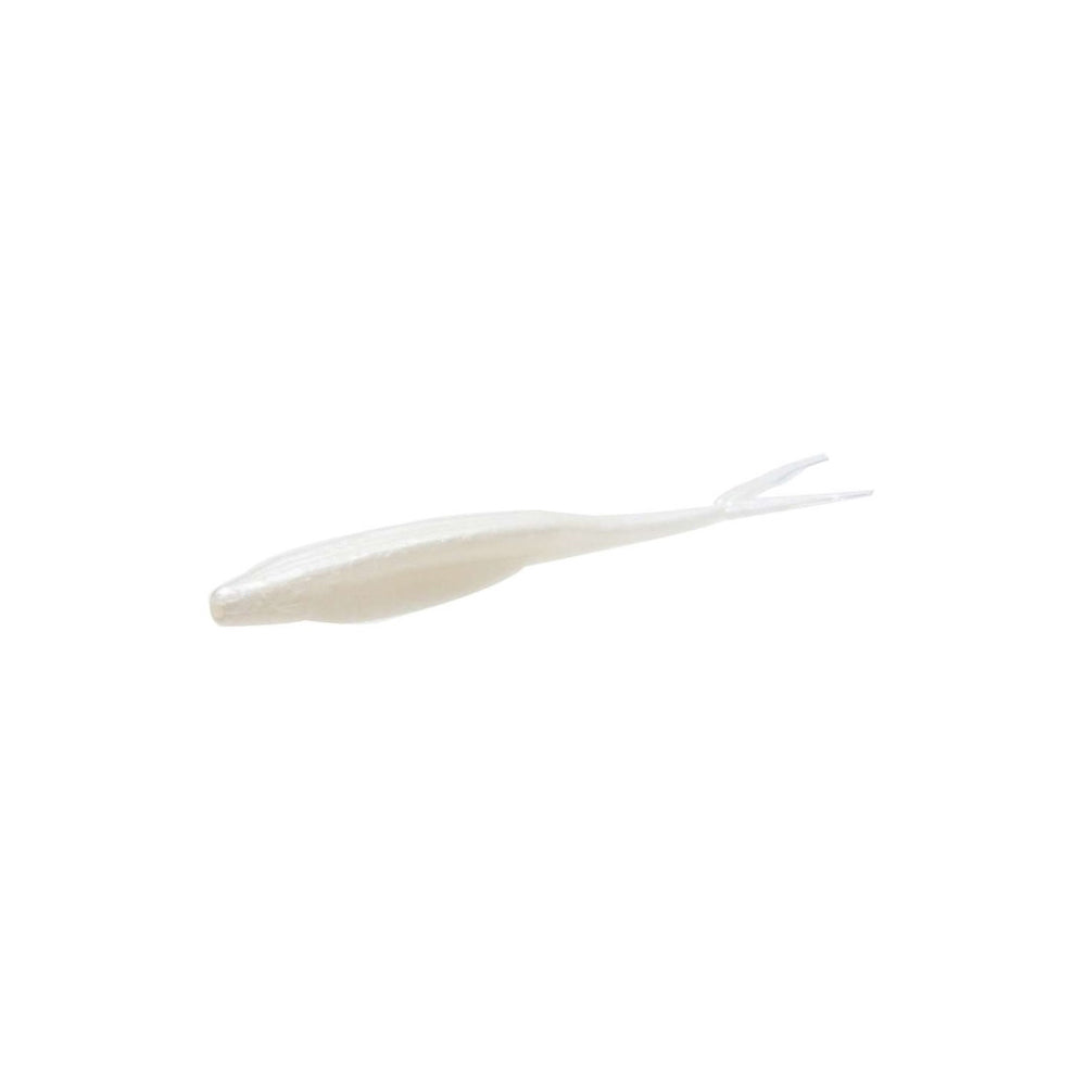 The Zoom Super Fluke by Zoom is a small, soft plastic lure shaped like a baitfish with a forked tail, solid white in color, shown on a plain white background. It realistically replicates the size and action of natural baitfish.