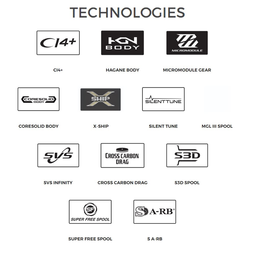 A grid of thirteen black-and-white logos highlights Shimano fishing reel technologies, including CI4+, HAGANE BODY, Metanium MGL, SVS Infinity Braking, MICROMODULE GEAR, Magnesium CoreSolid Body, X-SHIP, and others.