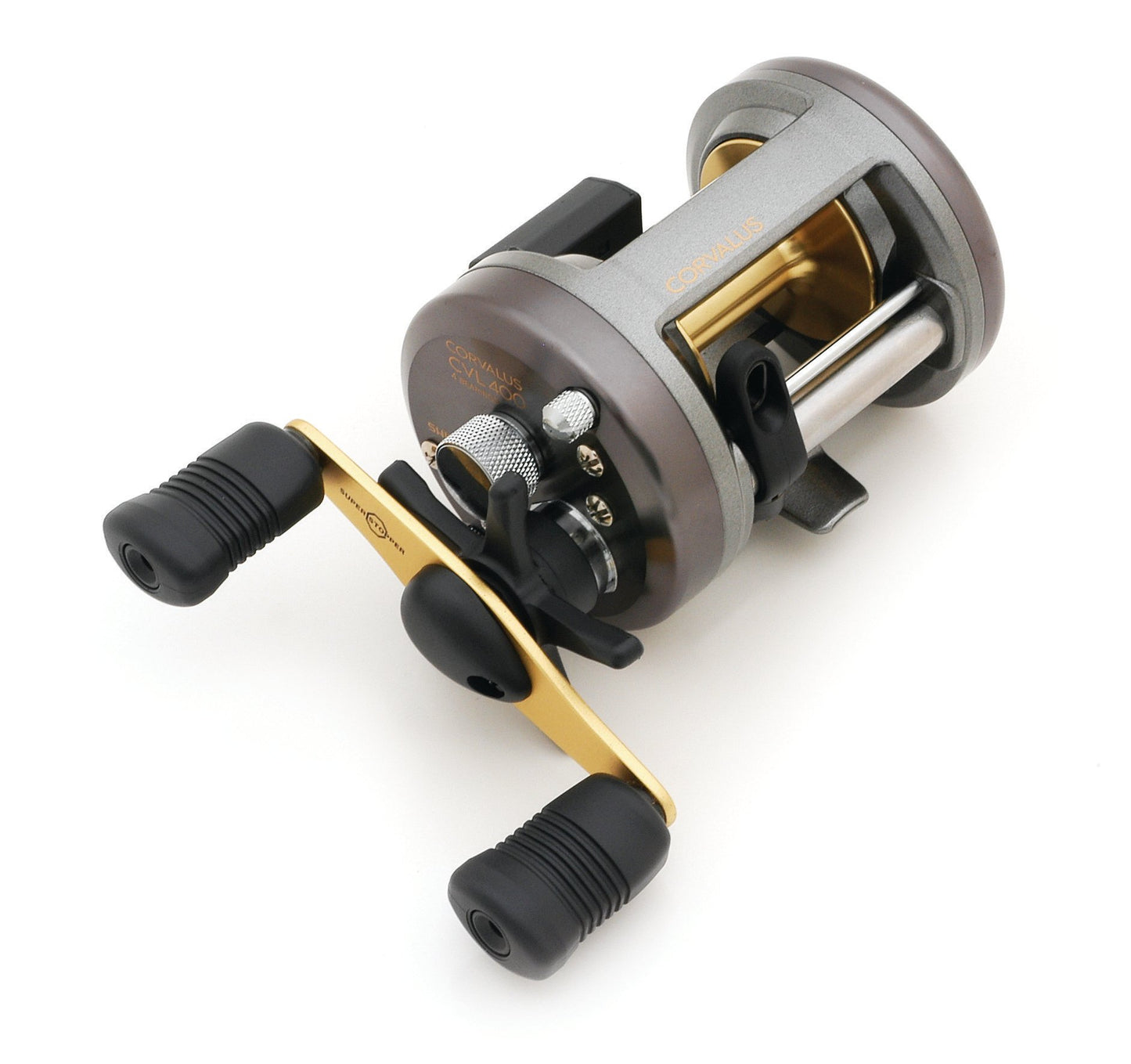 The Shimano Corvalus Conventional Fishing Reel CVL400 features a diecast aluminum frame, gold-accented handle, and two black rubber grips. This Shimano reel is shown angled against a white background.