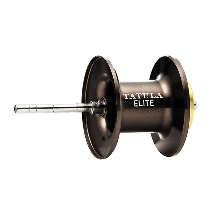 The Daiwa Tatula Elite 100XSL casting reel features a close-up of its metallic spool with a cylindrical rod in the center. The brand is prominently displayed along with the advanced Magforce braking system for superior control.