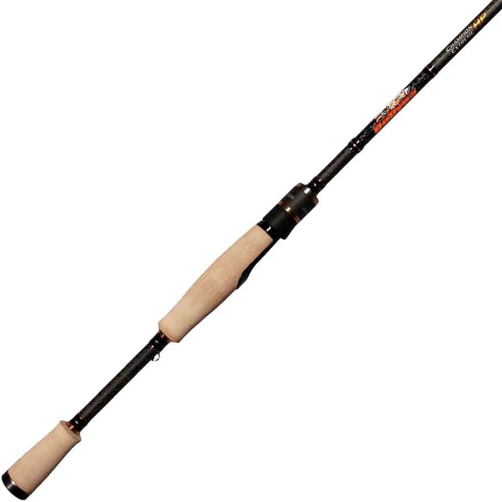 The Dobyns Champion Extreme HP 7'0" Medium Spinning Rod features a sleek black design with cork handle and orange shaft accents, ideal for freshwater fishing or tournaments.