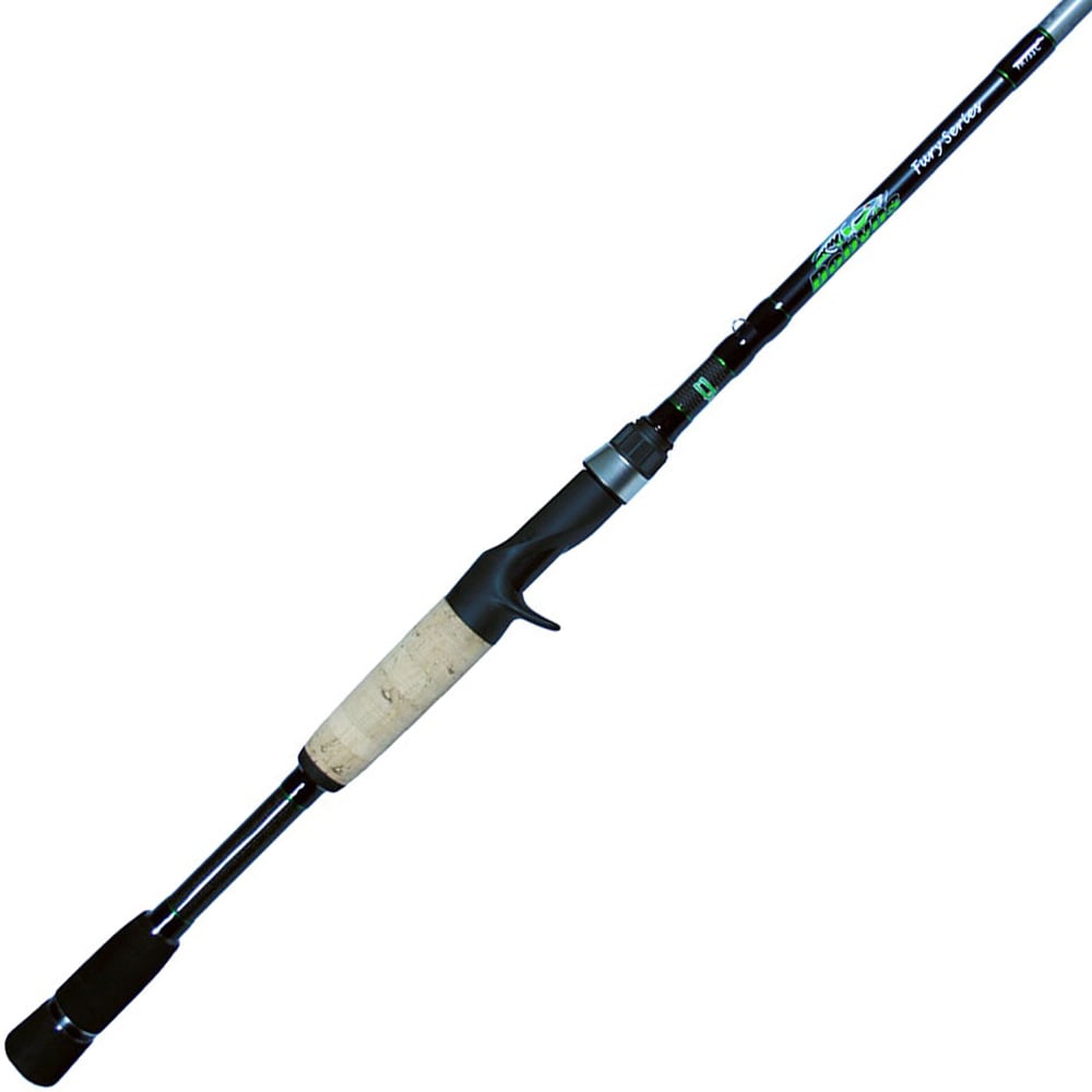 The Dobyns Fury 7'6" Med-Heavy Flipping Casting Rod FR 765FLIP features a sleek, modern look with bold lettering on the shaft and a black and white handle with a cork grip. Made from high modulus graphite, it's ideal for casting.