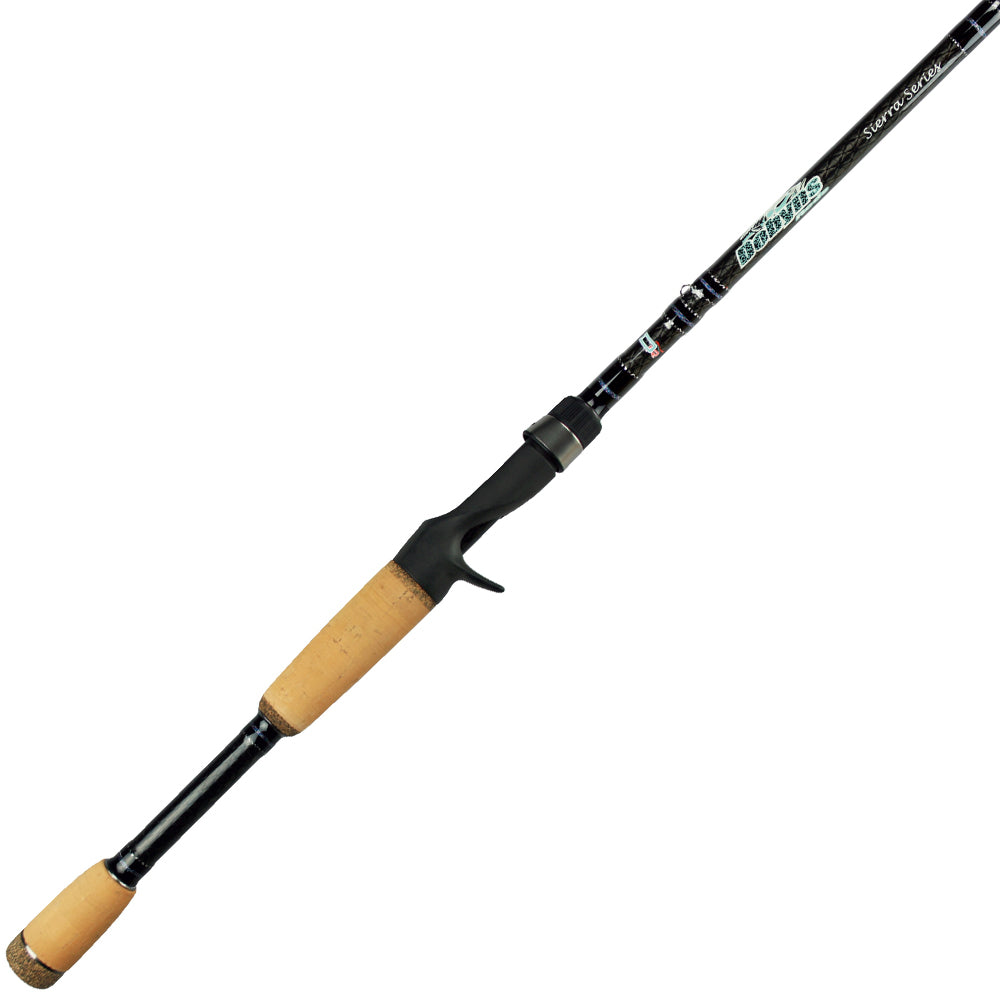A Dobyns SIERRA Series 7' Mag-Heavy Casting Rod SA 705C is set diagonally on a white background, showcasing its black finish with tan cork handles. Crafted from high modulus graphite blanks, it includes a trigger grip and branded detail near the handle, reflecting Dobyns' excellence.