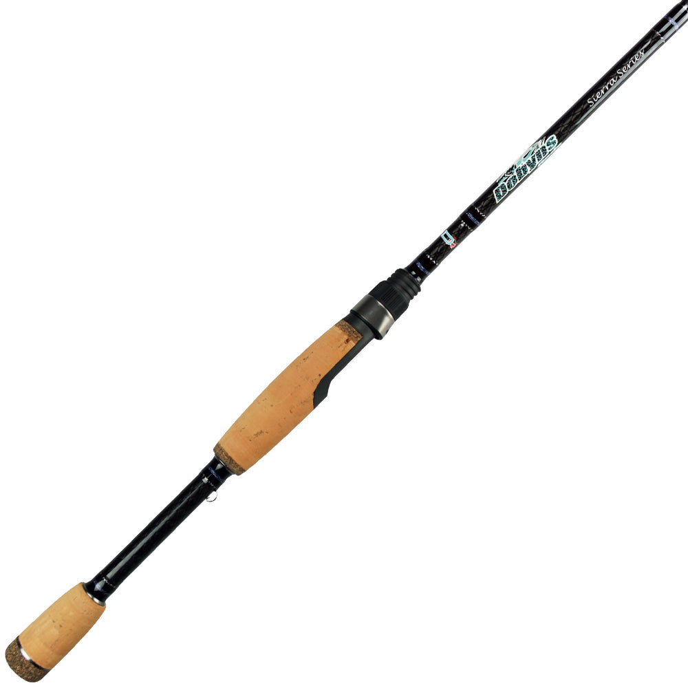 The Dobyns SIERRA Series 7' Heavy Spinning Rod SA 705SF features a cork handle, black body, and green logo. Made from high modulus graphite, it is angled from lower left to upper right and includes precision Fuji guides for superior performance.