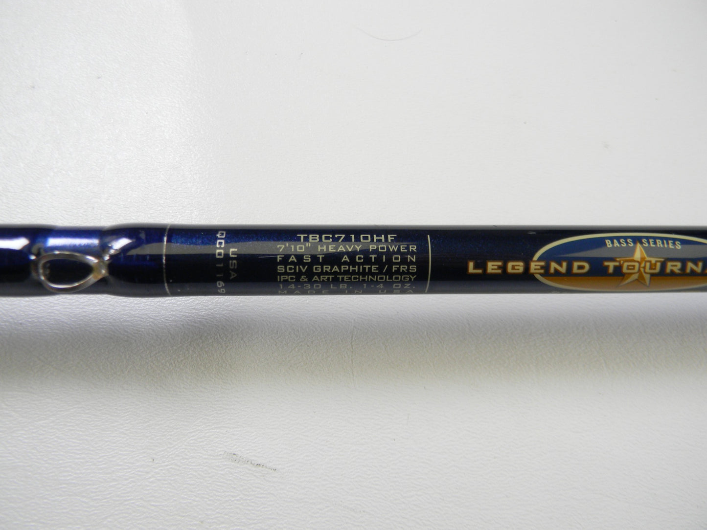 Close-up of a St. Croix Legend Tournament Bass TBC710HF Swimbait 7'10" Heavy - Used Casting Rod in excellent condition. Perfect for anglers trading up or getting store credit through the Nation's Best Rod and Reel Trade-In Program.
