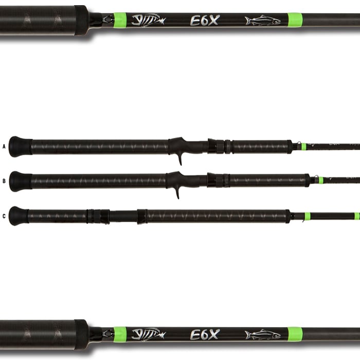 Three black G. Loomis E6X Salmon 1265-2C SAR GH 10'6" Heavy Casting Rods are shown side by side with green accents, a shark logo, textured grips, varied reel seats, and durable MultiTaper Technology.