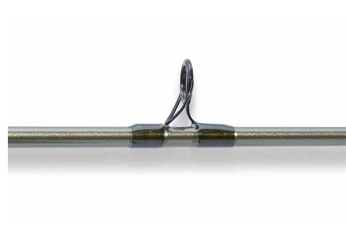 Close-up of the St. Croix Eyecon 7'0" Medium Trolling Rod (ET70MM) guide, featuring a sturdy metal loop and support that helps guide fishing line, ideal for walleye fishing.