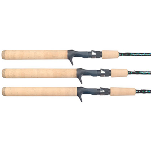 Three Falcon Coastal Clear Water "Gulf Caster" 7'6" Medium Casting Rods (SWC-76M) from Falcon are aligned horizontally, one above the other, against a white background—ideal for inshore fishing.