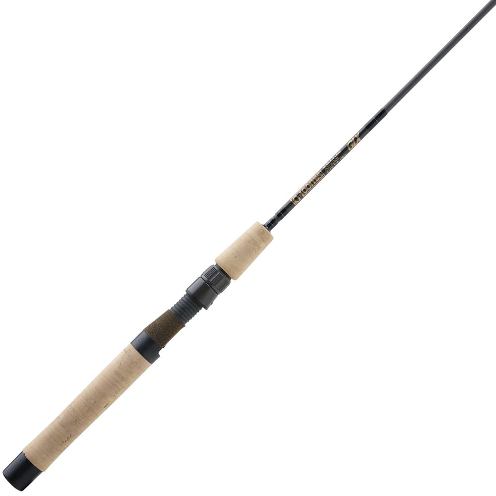 The G. Loomis Trout/Panfish Spinning Fishing Rod SR842-2 GLX features a cork handle, dark graphite body, and metal guides. It tapers from a thicker base to a thin tip with a reliable reel seat, offering light sensitivity and an angled view.