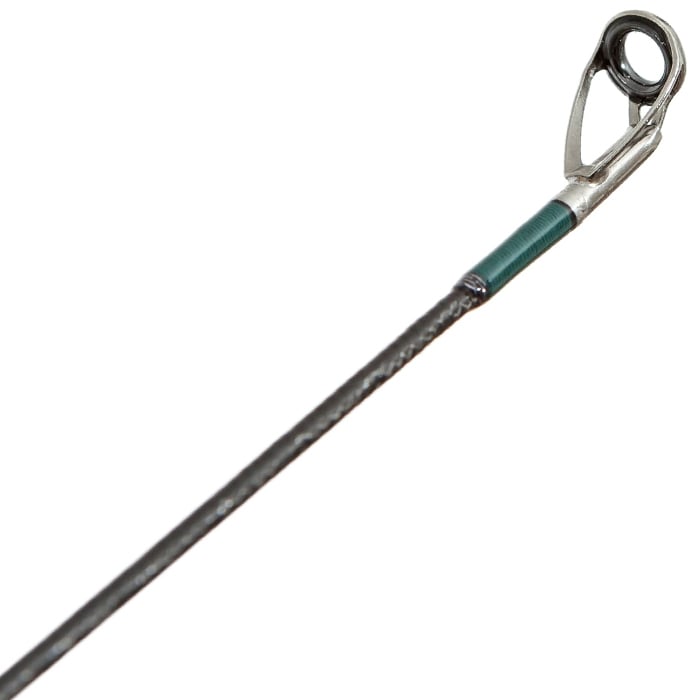 Close-up of the G. Loomis Conquest CNQ 782S SJR Spin Jig Spinning Rod tip, highlighting the metal guide ring and wrap, crafted with Spiral-X Technology for superior performance.