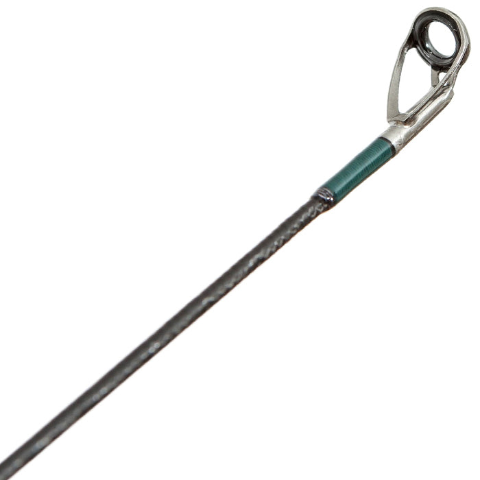 Close-up of the G. Loomis Conquest CNQ 842S SJR spinning rod tip, showing the metal guide ring and thread-wrapped end for reinforcement, and featuring Spiral-X Technology for enhanced strength.