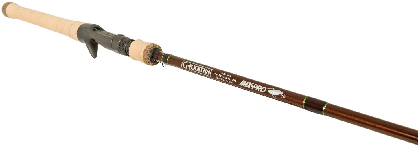 A G. Loomis IMX-PRO Lipless Crankbait 855C CBR 7'1" Medium Heavy Casting Rod is shown against a white background, featuring a cork handle, trigger grip, and green accent rings near the reel seat—perfect for lipless crankbait fishing.