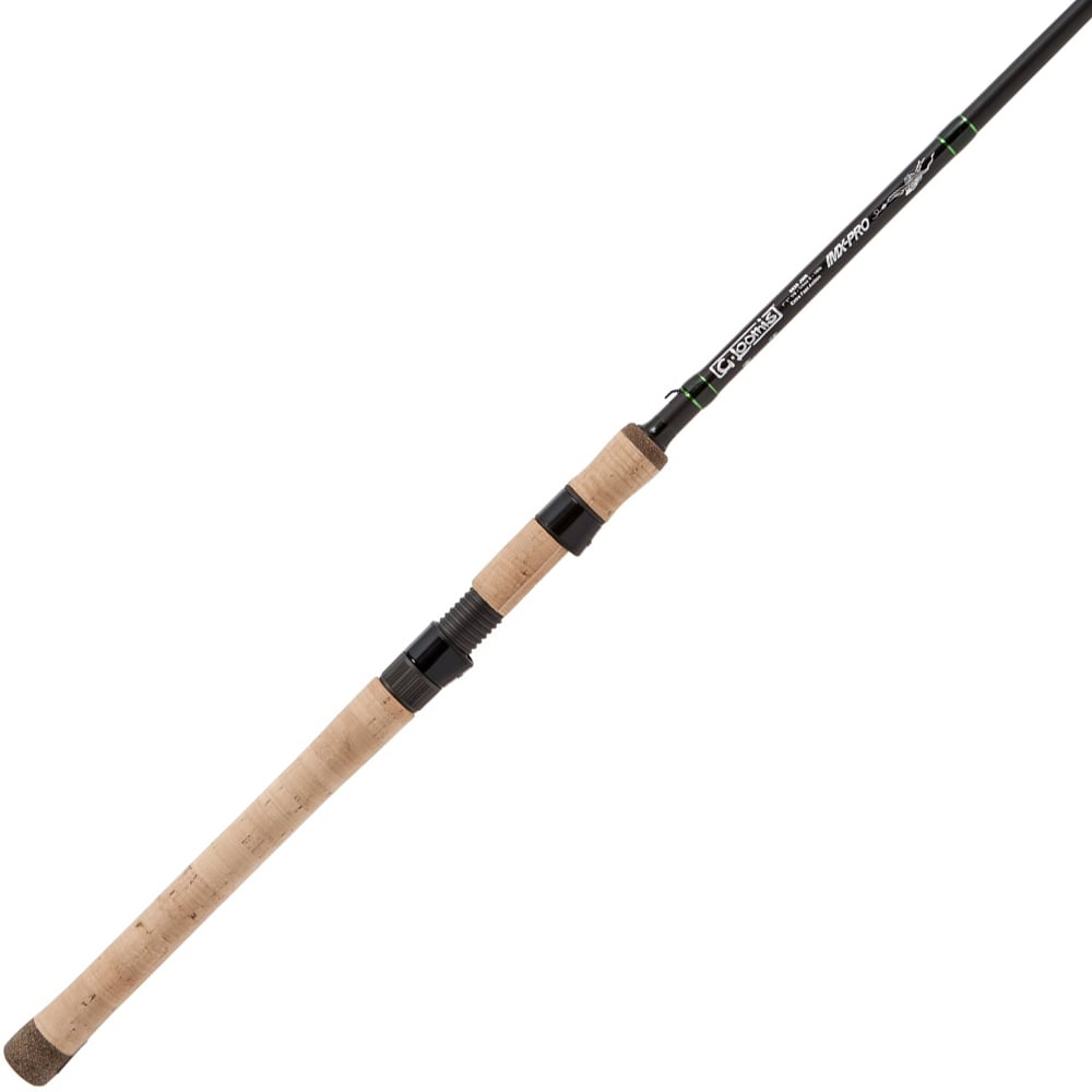 The G. Loomis IMX-PRO 822S DSR Drop Shot Spinning Rod features a black finish, long light brown cork handle, black reel seat, and brand markings near the handle—ideal for deep water fishing.