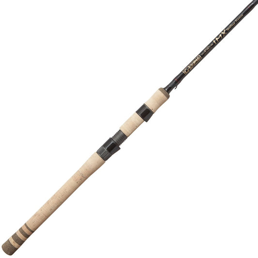 The G. Loomis IMX 851S WJR Walleye Spinning Rod features a light cork handle, black reel seat, and branded black shaft tapering to a thin tip—ideal for freshwater or light saltwater fishing.