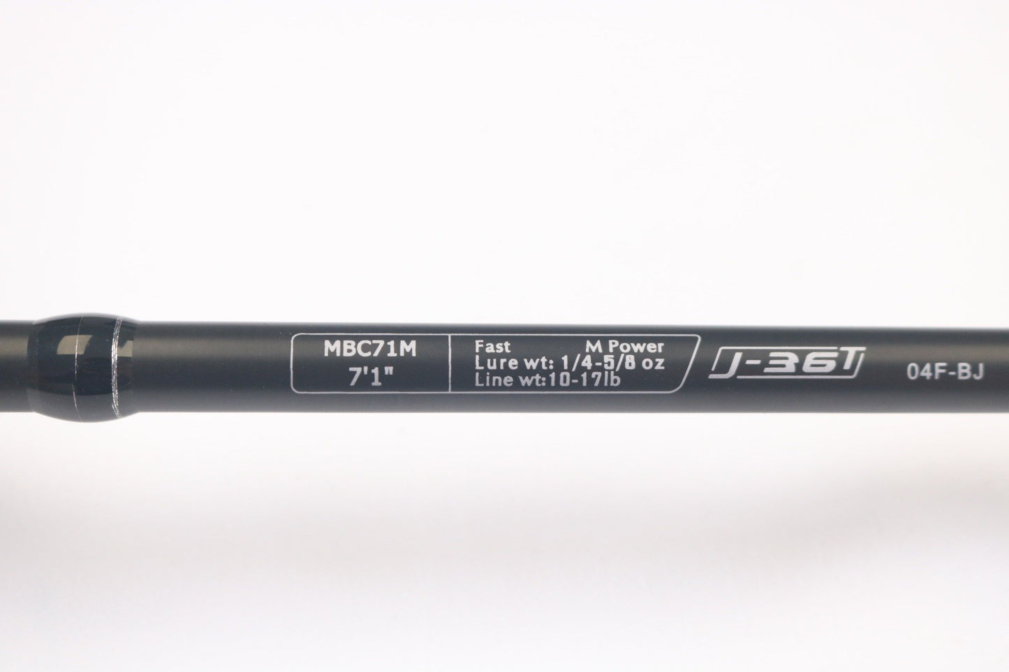 Close-up of a 13 Fishing Muse Black MBC71M 7'1" medium used casting rod in excellent condition, ideal for a Rod and Reel Trade-In; specs: fast action, lure 1/4–5/8 oz, line 10–17 lb, code J-36T 04F-BJ.