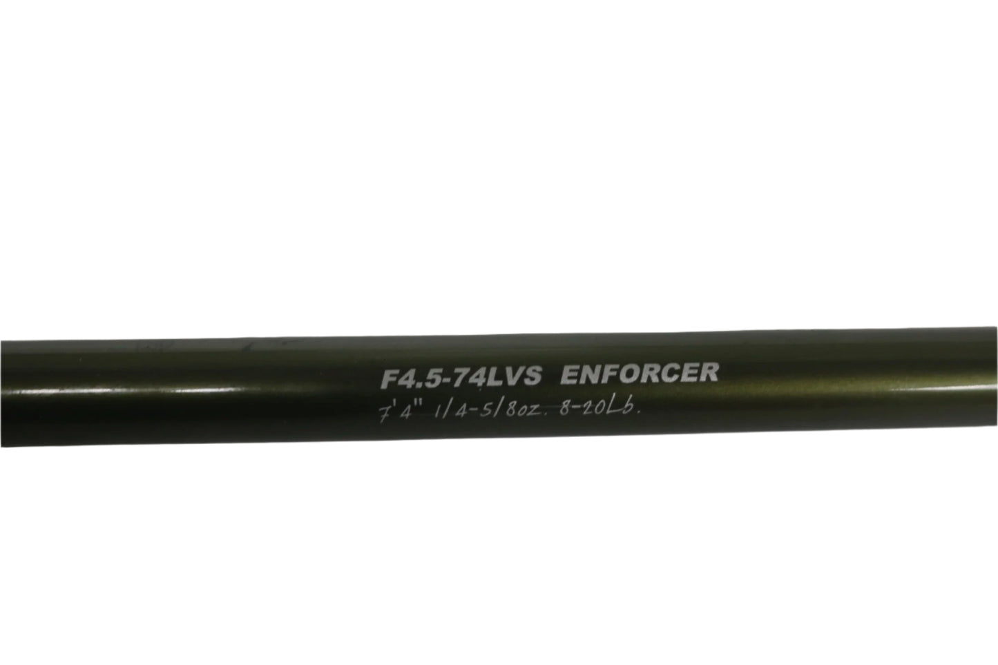 Close-up of the Megabass Levante F4.5-74LVS Used Spinning Rod, featuring "ENFORCER 7' 1/4-5/8oz. 8-20lb." inscribed on a green rod against a white background, in excellent condition.
