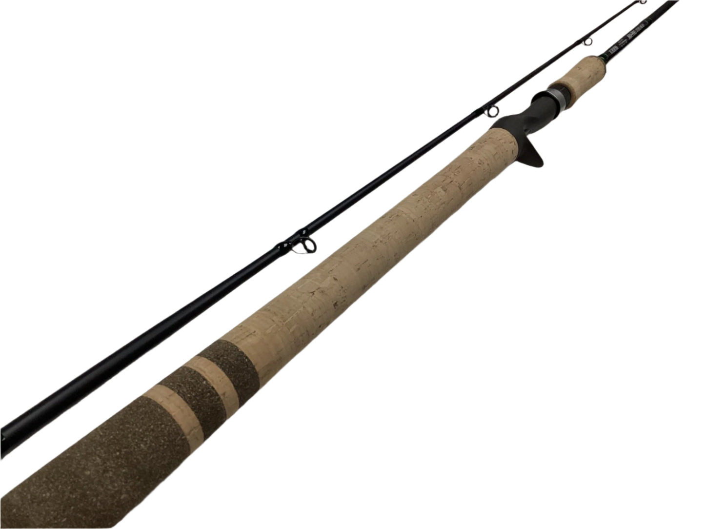 A G. Loomis IMX-PRO Steelhead Casting Rod 1023-2C STR 8'6" Medium Heavy, in mint condition, lies on a white surface. With its sleek black finish, cork handle with darker rings, and metal guides, it's ideal for the Rod and Reel Trade-In Program to upgrade your gear.