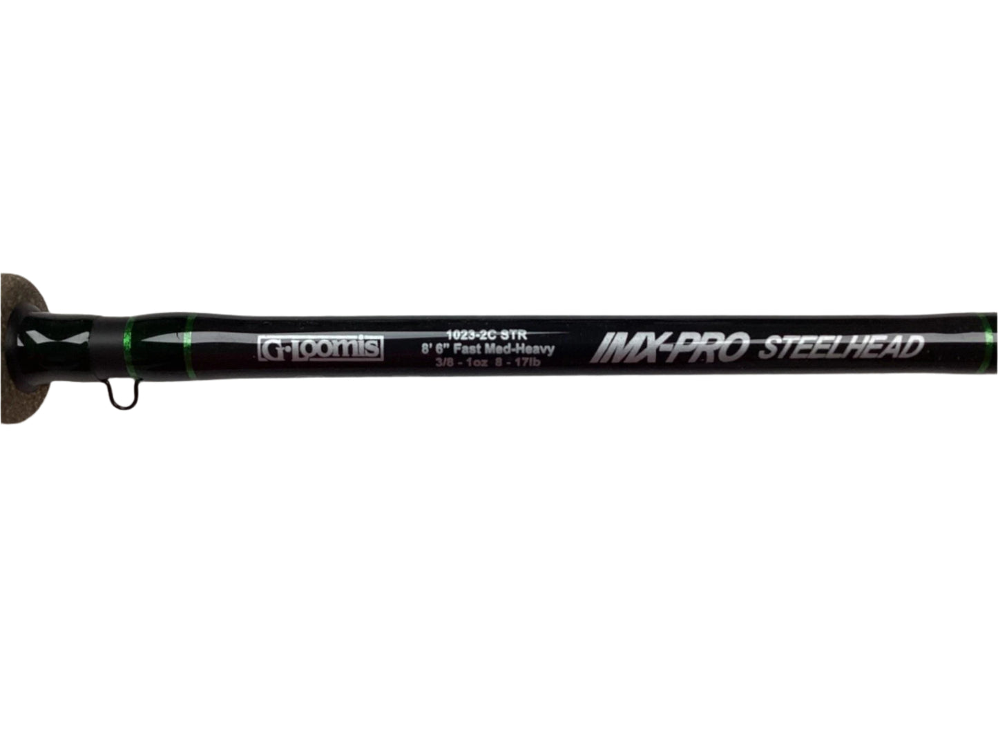 Close-up of a used G. Loomis IMX-PRO Steelhead Casting Rod 1023-2C STR, 8'6", Medium Heavy, in mint condition on a white background. This black and green rod is perfect for those interested in our Rod and Reel Trade-In Program.