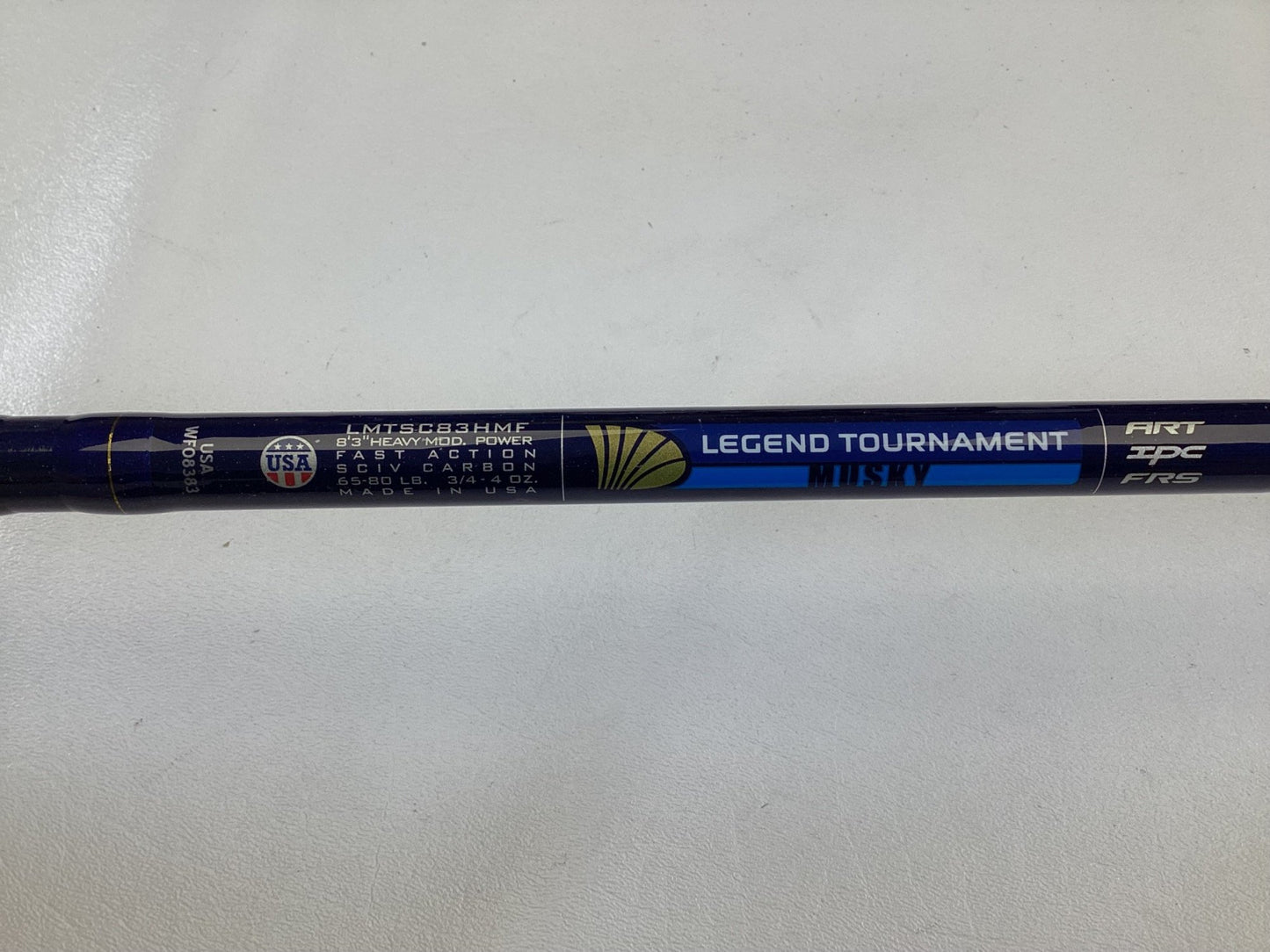Close-up of the St. Croix Legend Tournament Musky Casting Rod Split Cork 8'3" Heavy Lipstick II—used, mint condition—ideal for anglers interested in quality pre-owned gear or trading in rods and reels for store credit.