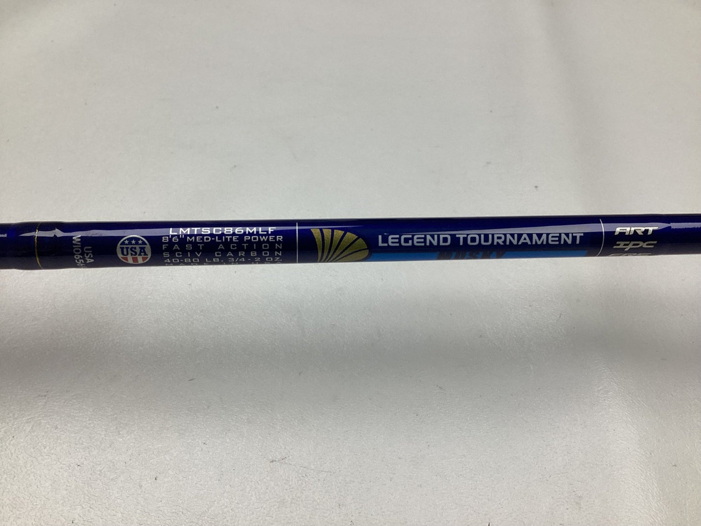 A close-up of a St. Croix Legend Tournament Musky Casting Rod, 8'6" medium light Lil' Dawg, split cork handle—used but in mint condition. Perfect for quality gear seekers or our Rod and Reel Trade-In program.