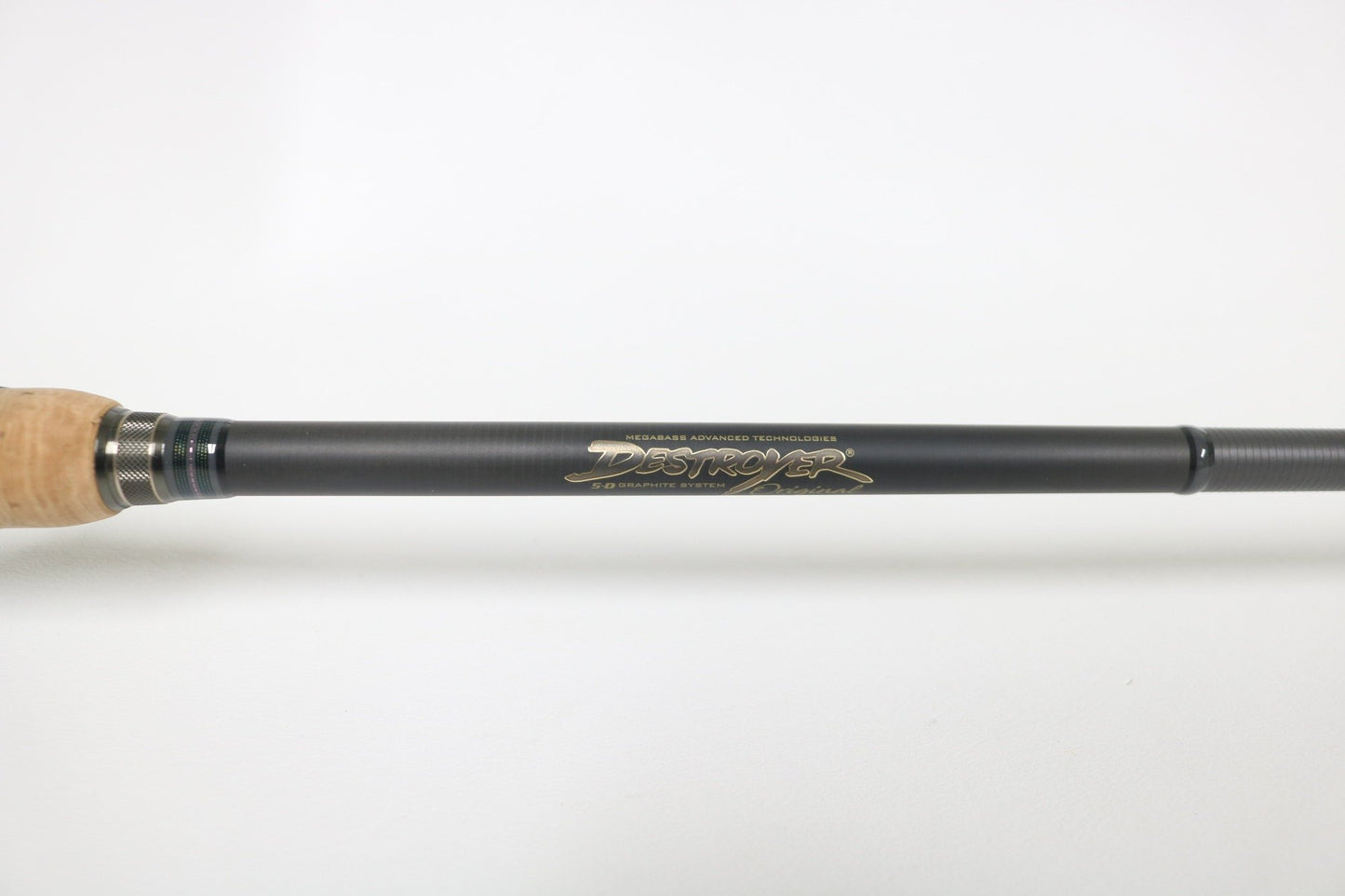 Close-up of a Megabass Destroyer P5 Landsat F3-611XS 6'11" used spinning rod in excellent condition, featuring a black finish with cork handle, metallic accents, and "Japanese advanced technology" printed on the rod.