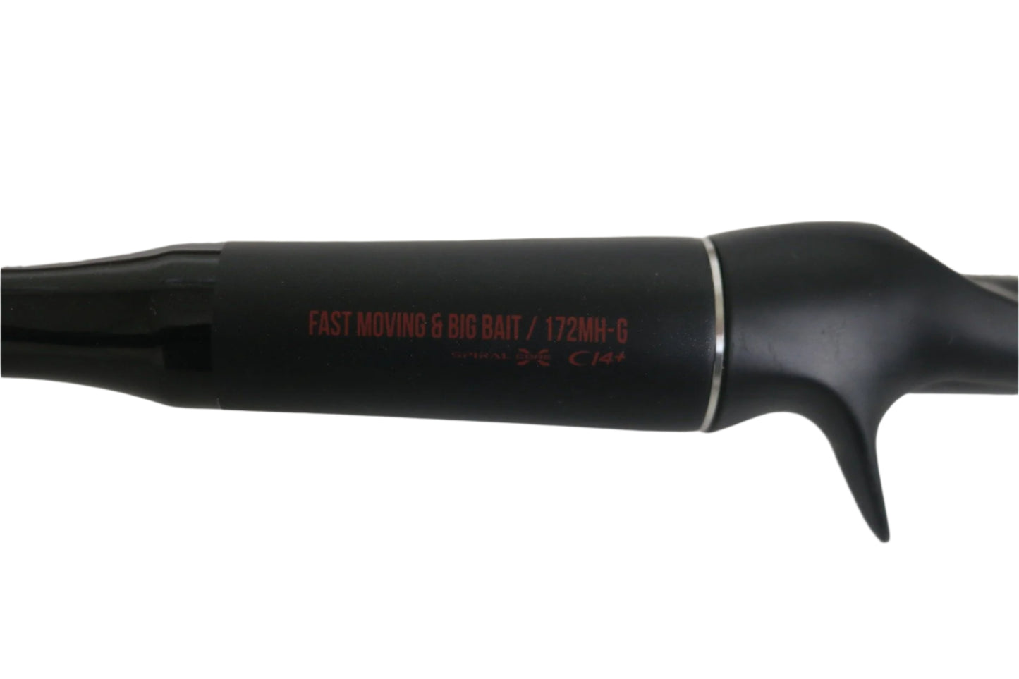 Close-up of a black handle from the Shimano Poison Adrena PAD172MHGA 7'2" Medium Heavy Glass casting rod, featuring the text "Fast Moving & Big Bait / 172MH-G." The trigger grip has a small "CI4+" logo. Ideal for the Rod and Reel Trade-In Program. Background is plain white.