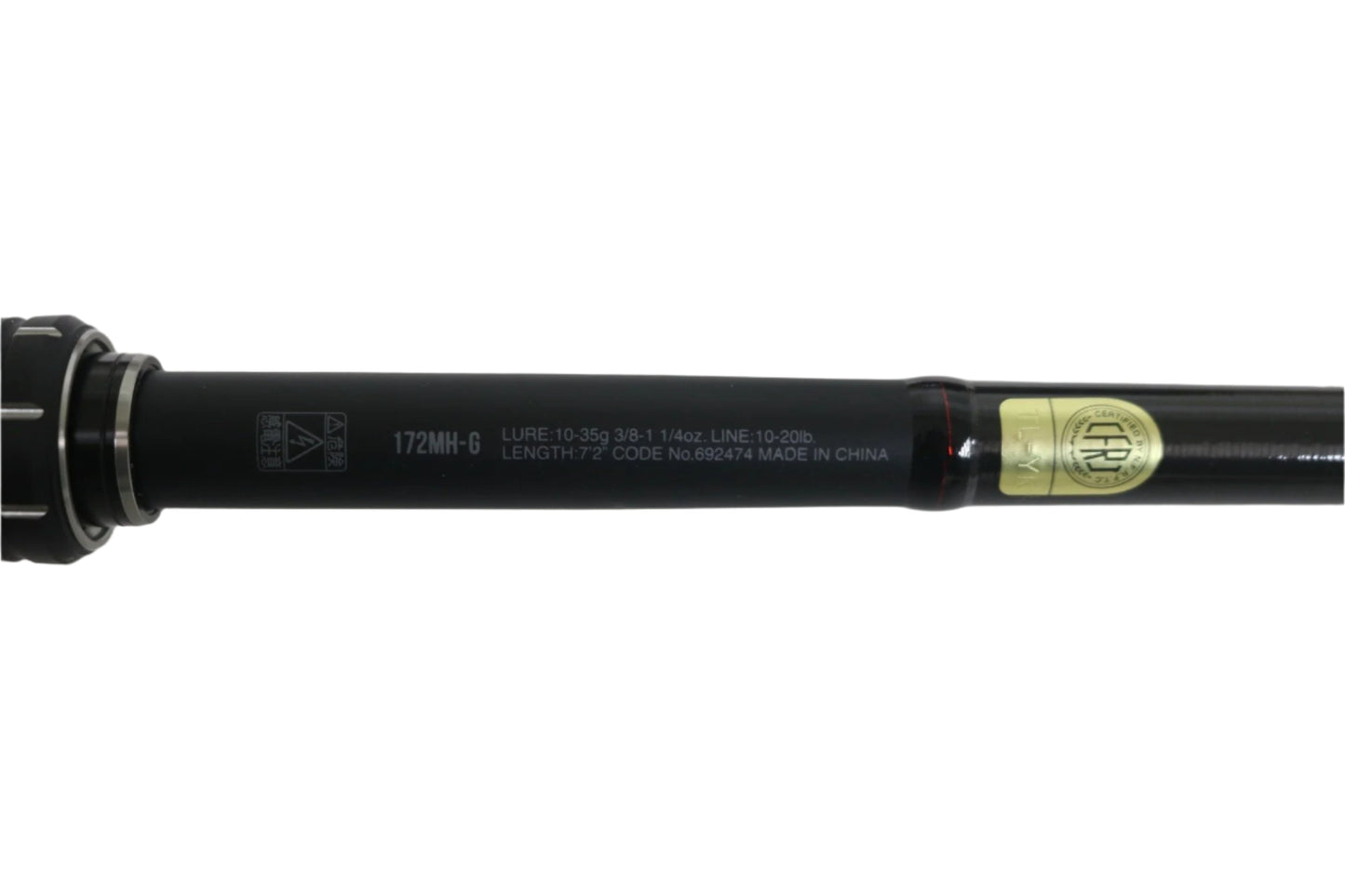 Close-up of the Shimano Poison Adrena PAD172MHGA handle, showing specs: lure weight 10-35g, line weight 10-20lb, length 7'2". Features a gold-toned emblem. Made in China, it's ideal for our Rod and Reel Trade-In Program for store credit on used gear.