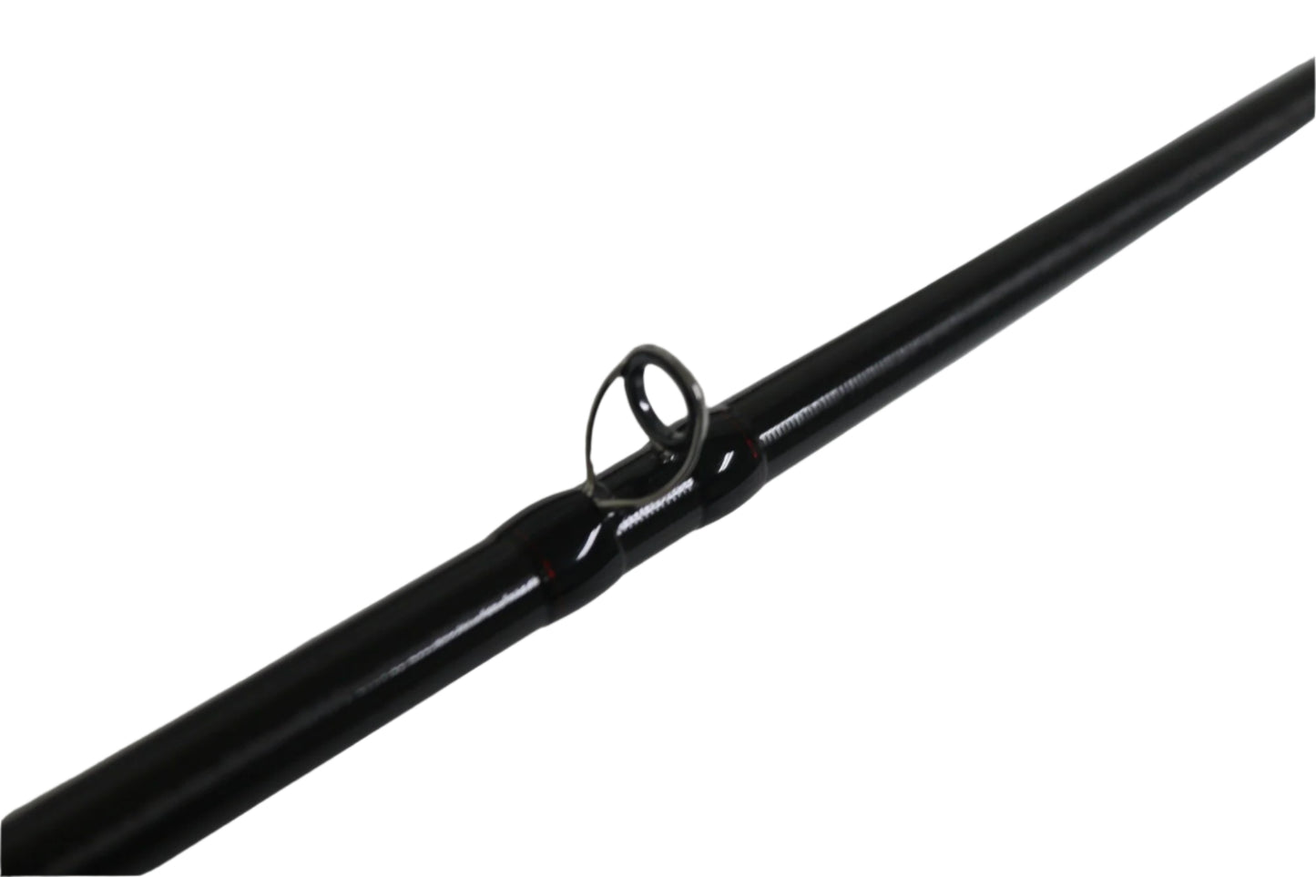 Close-up of the Shimano Poison Adrena PAD172MHGA 7'2" Medium Heavy Glass casting rod's black guide against a white background. The metal loop on this used but excellent condition rod aids smooth line movement and is part of our Rod and Reel Trade-In Program, offering great value in store credit.
