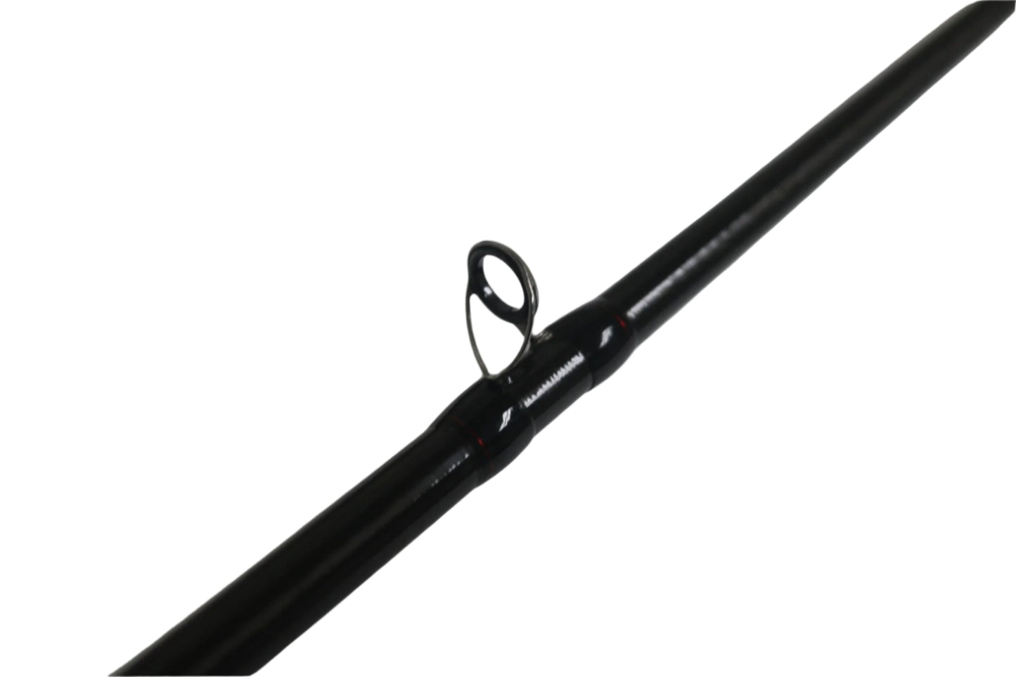 Close-up of a Shimano Poison Adrena PAD1611MA 6'11" Medium+ casting rod section in excellent condition. Features a single black guide ring with thread wrappings, perfect for our Rod and Reel Trade-In Program. The glossy black finish stands out against a plain light gray background.